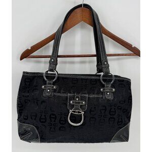 Etienne Aigner Black Logo Jacquard & Faux Leather Shoulder Bag With Buckle Accen